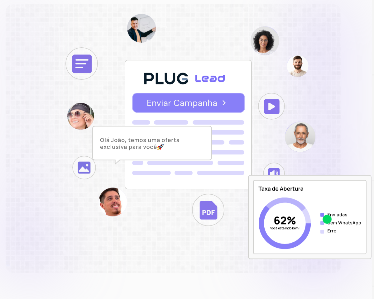 Campanha do PlugLead sendo enviada para vários clientes, com painel de taxa de abertura mostrando 62%.